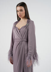 Elegant Feather Cuff Maxi Dress with Crystal Embellishments