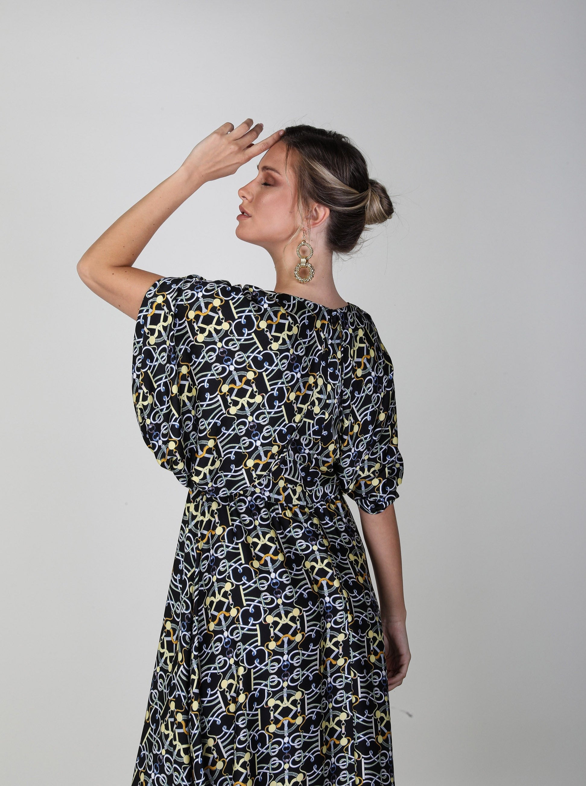 2306007- Cape Sleeve Printed Dress - Montania Shop