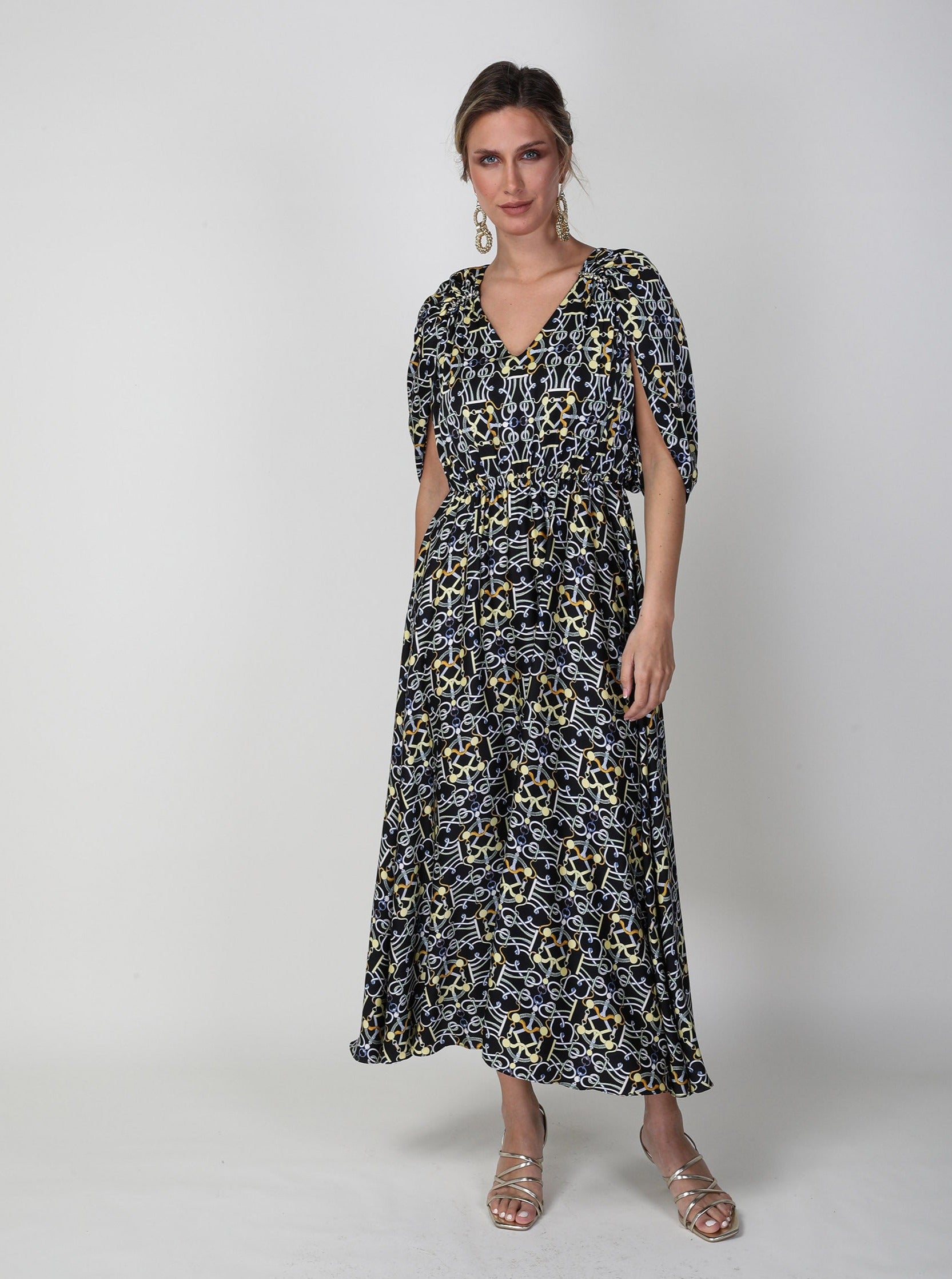 2306007- Cape Sleeve Printed Dress - Montania Shop