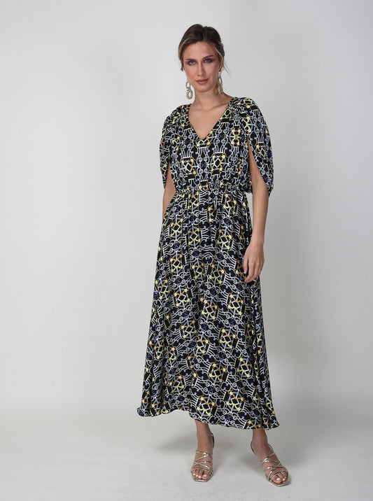 2306007- Cape Sleeve Printed Dress - Montania Shop