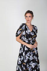 2306017- Cape Sleeve Floral Dress - Montania Shop