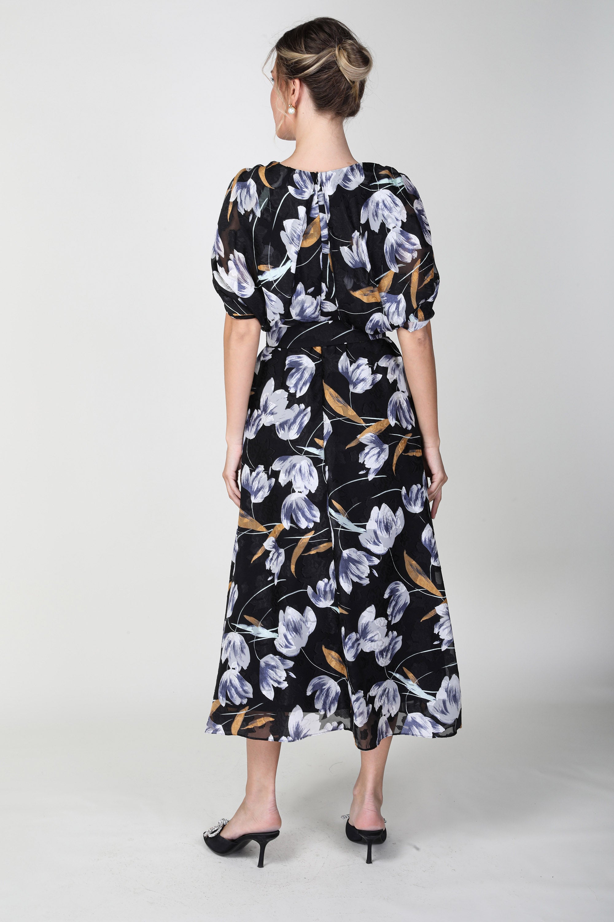 2306017- Cape Sleeve Floral Dress - Montania Shop