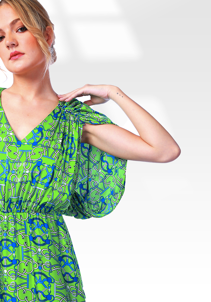 2306007- Cape Sleeve Printed Dress - Montania Shop