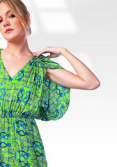 2306007- Cape Sleeve Printed Dress - Montania Shop
