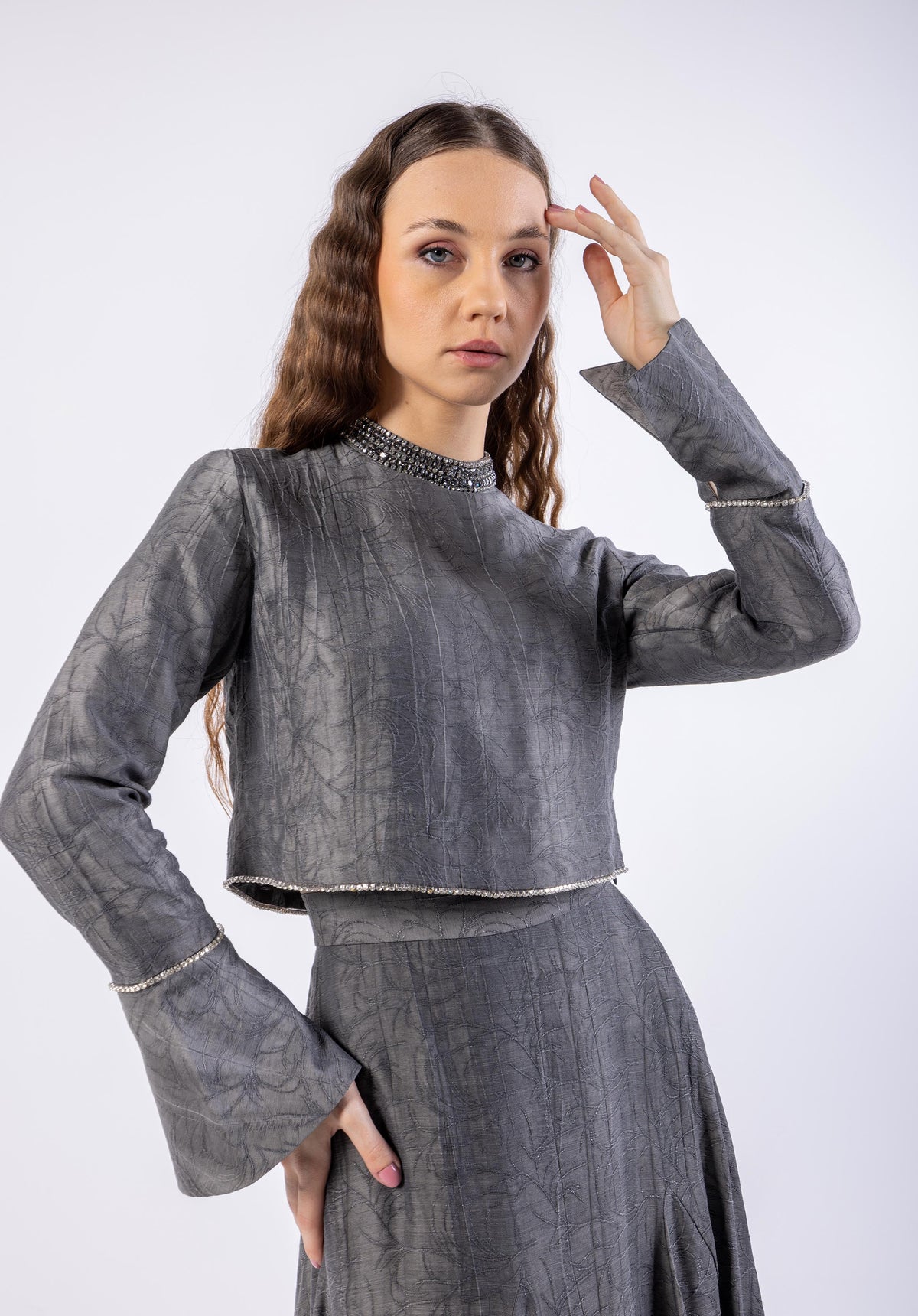 Cropped Crystal-Trimmed Top with Subtle Pattern