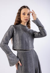 Cropped Crystal-Trimmed Top with Subtle Pattern
