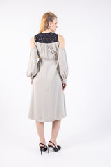 Elegant Cold-Shoulder Midi Dress with Lace Detailing