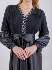 Elegant Pleated Maxi Dress with Embellished Details