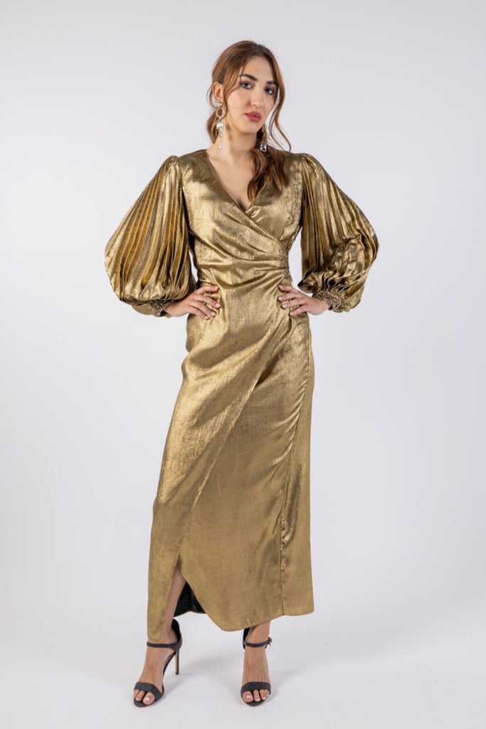 slim fit dress slacks Gold Satin Gathered Waist Maxi Dress – aisl dresses main image 1