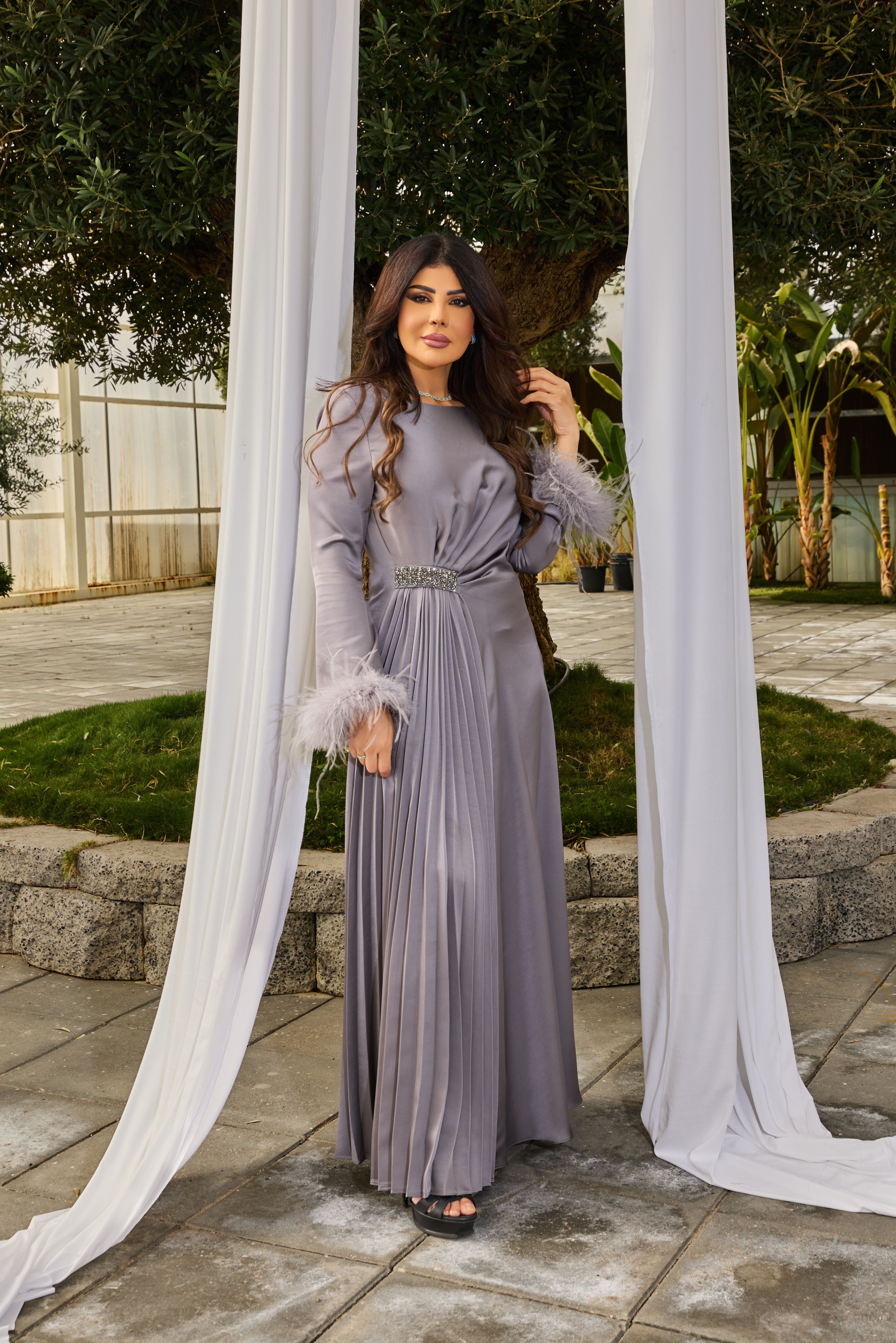Pleated Waist Maxi Dress with Feather-Trimmed Cuffs - Montania Shop