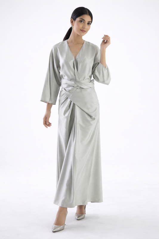 Elegant Wrap-Effect Satin Maxi Dress - Montania Shop