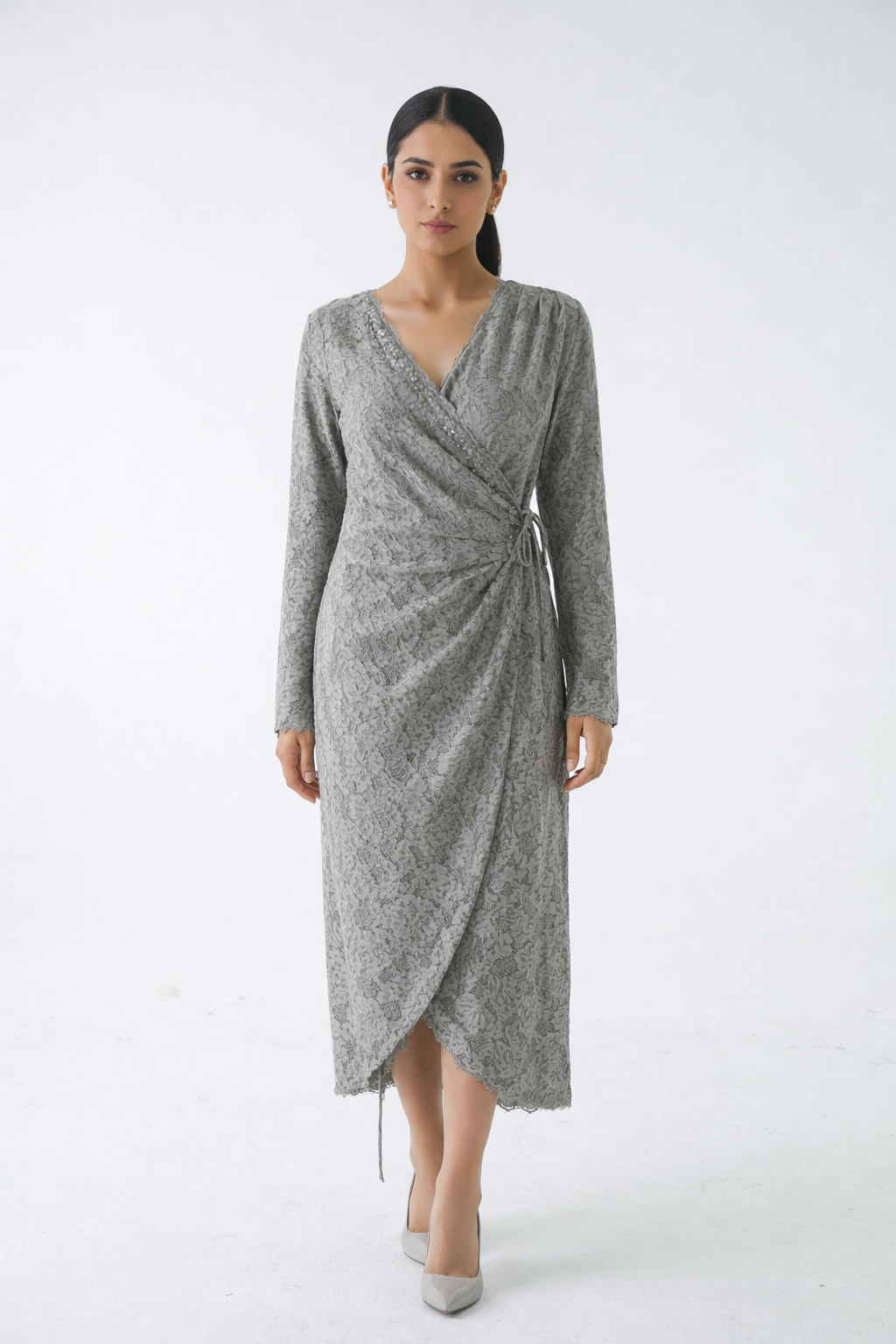 Elegant Lace Wrap Midi Dress with Asymmetrical Hem
