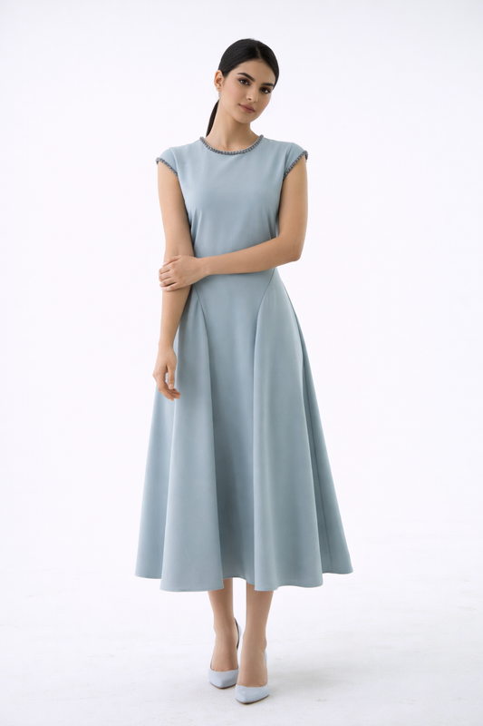 The Elara Embellished Trim Midi Dress