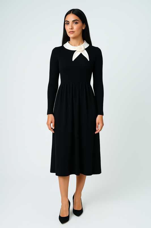 Elegant Contrast-Collar Midi Dress