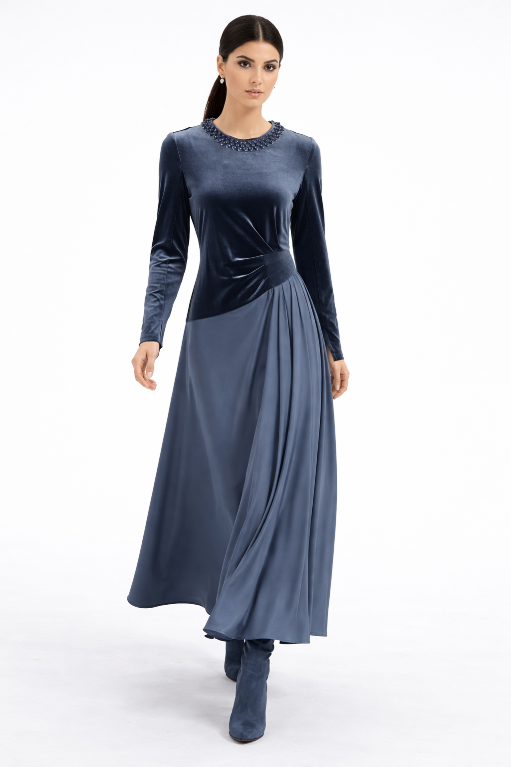 Two-Fabric Maxi Dress with Velvet Bodice, Pleated Waist Detail and Embellished Neckline