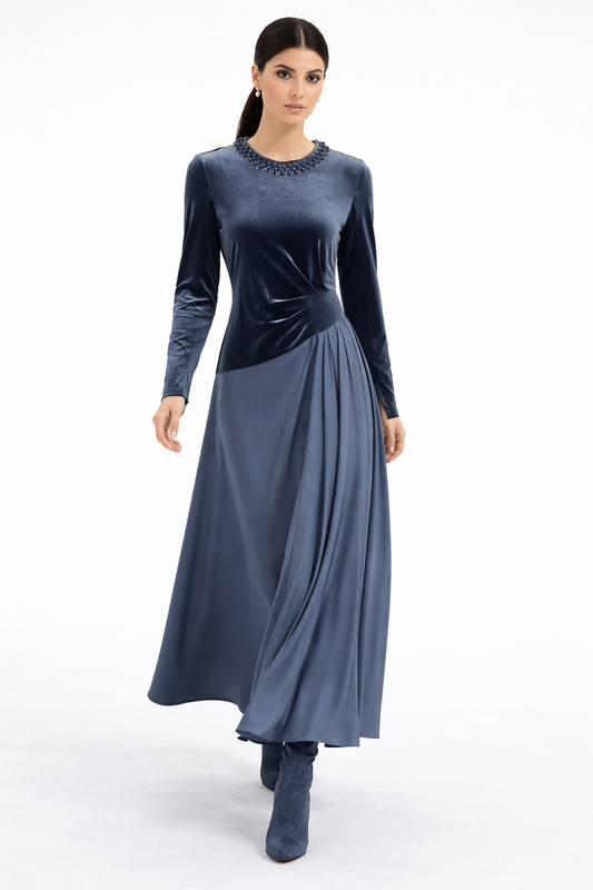 Two-Fabric Maxi Dress with Velvet Bodice, Pleated Waist Detail and Embellished Neckline