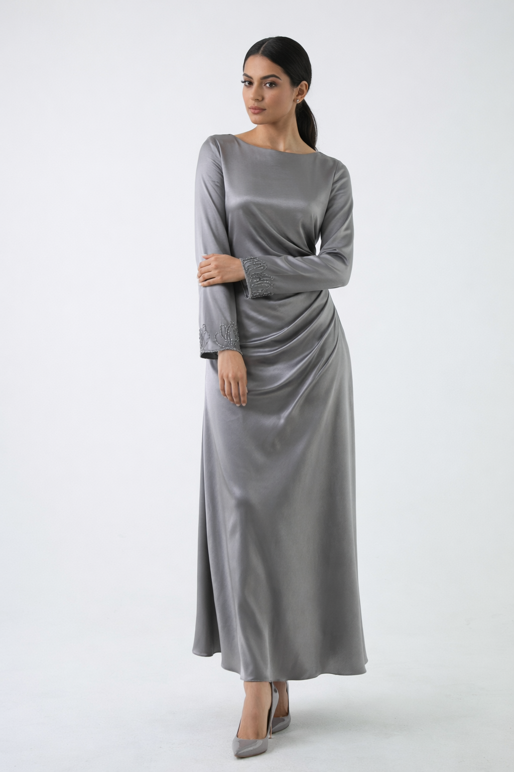 Draped Satin Maxi Dress with Handcrafted Embellished Cuffs