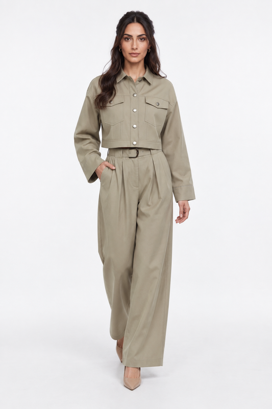 Pleated Wide-Leg Pants with Self-Fabric Belt