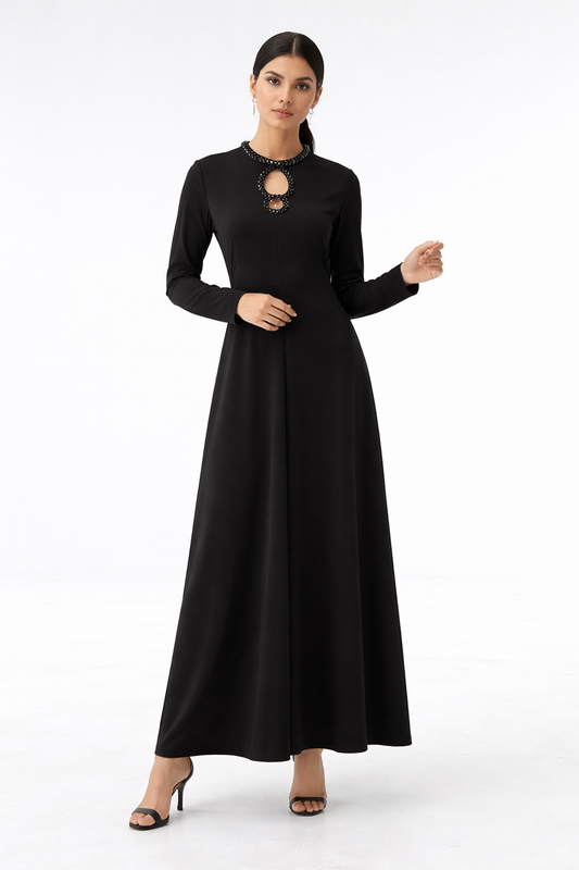 Elegant Maxi Dress with Crystal-Embellished Neckline