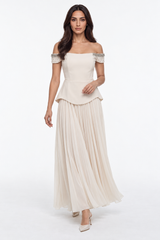 Embellished Cold-Shoulder Pleated Dress