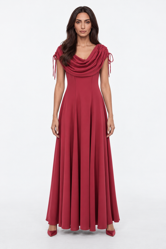 Embellished Draped Neck A-Line Maxi Dress