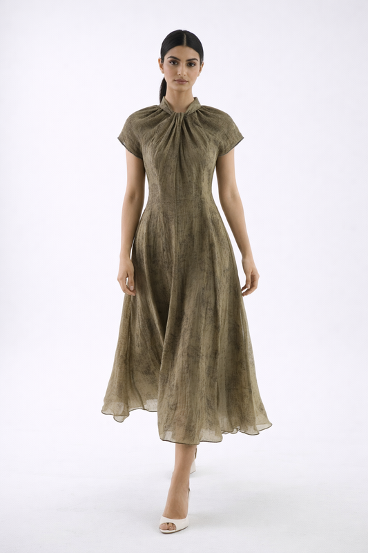 Elegant Gathered Neck Midi Dress with Crystal Trim