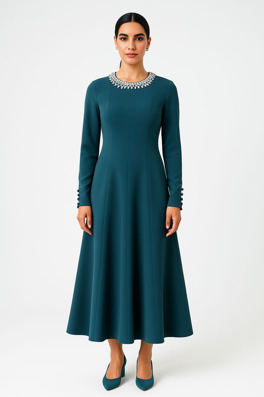 Elegant Embellished-Neckline Maxi Dress