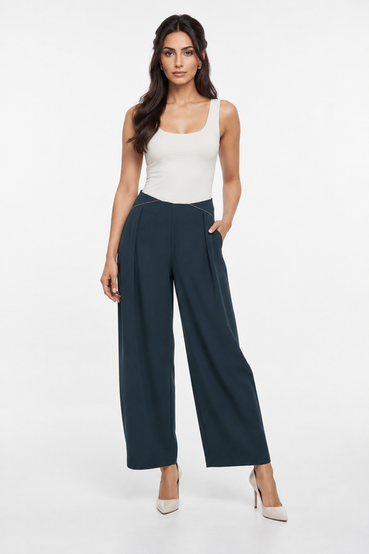 Metallic Ball-Chain Trim Pleated Wide-Leg Pants