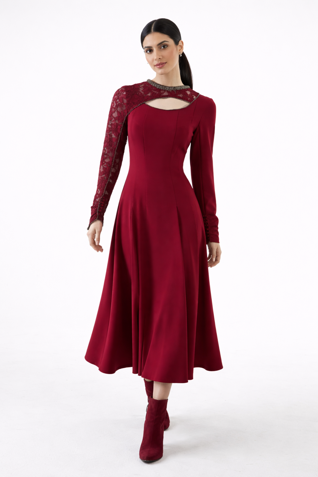 Embellished Lace-Sleeve Maxi Dress