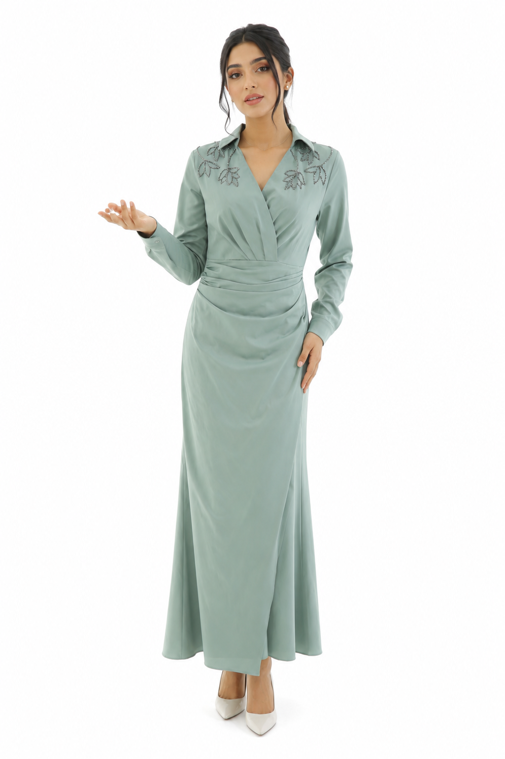 Embellished Collar Draped Maxi Dress