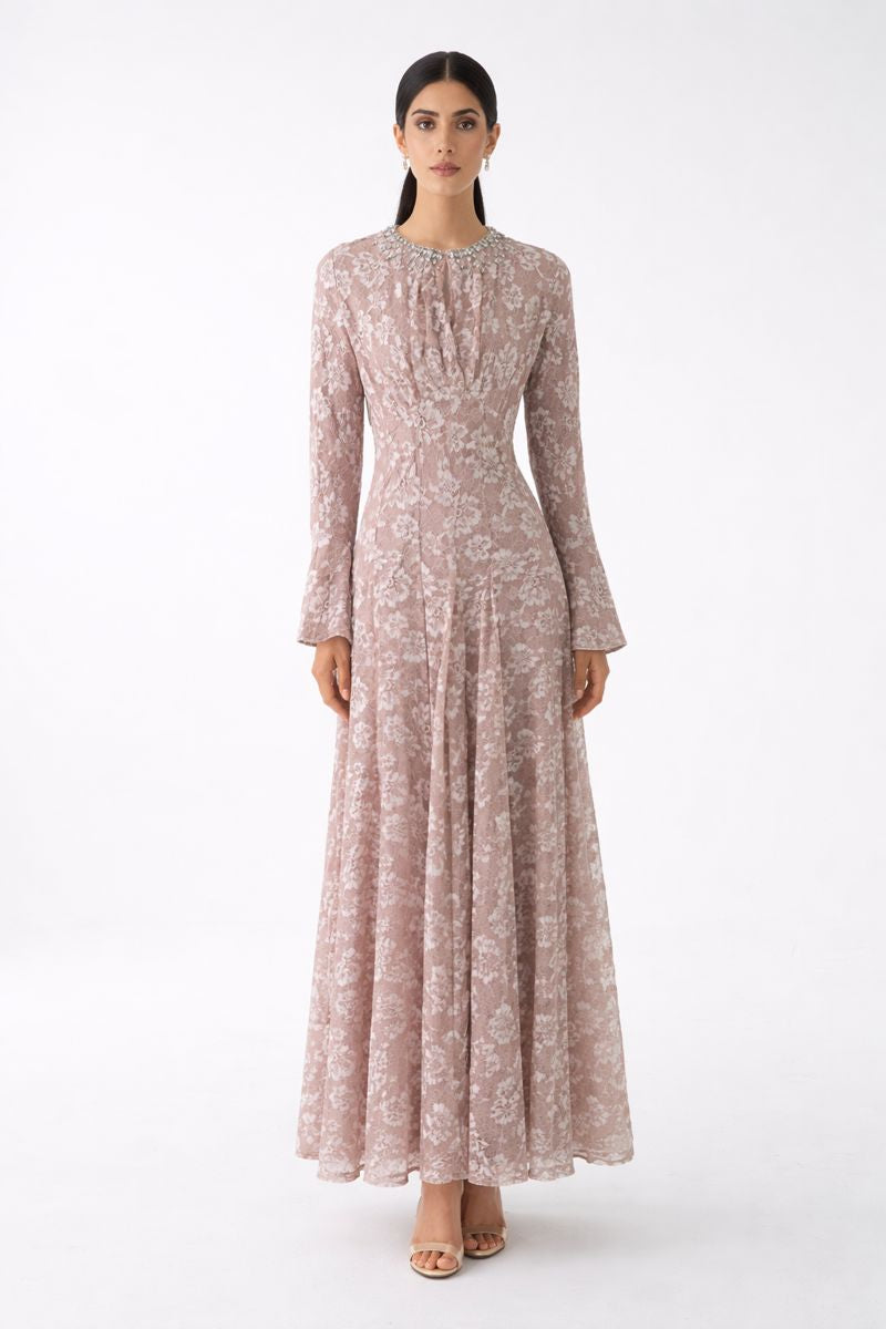 Embellished Lace Maxi Dress with Bell Cuffs