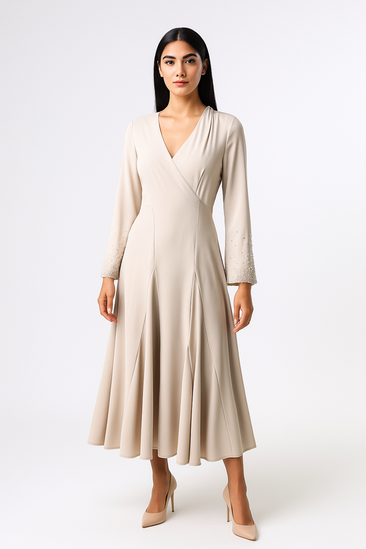 Elegant Wrap-Style Midi Dress with Bead-Embellished Sleeves