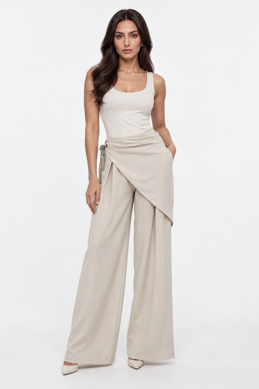 Metallic Chain Detail Wrap-Waist Wide-Leg Pants
