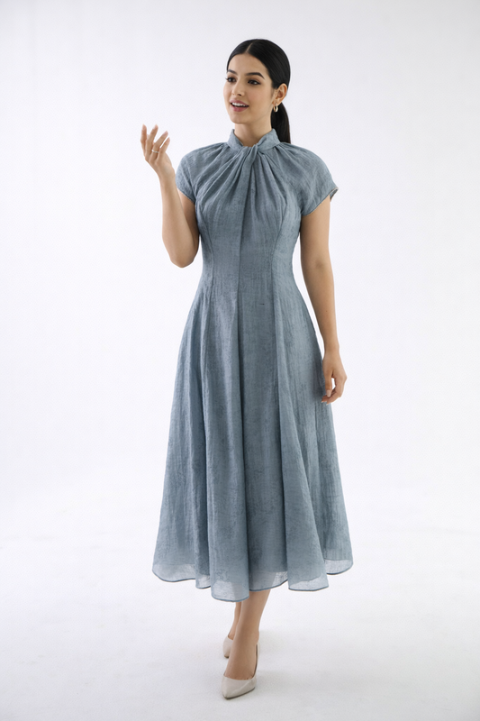 Elegant Gathered Neck Midi Dress with Crystal Trim