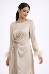 Pleated Waist Maxi Dress with Feather-Trimmed Cuffs