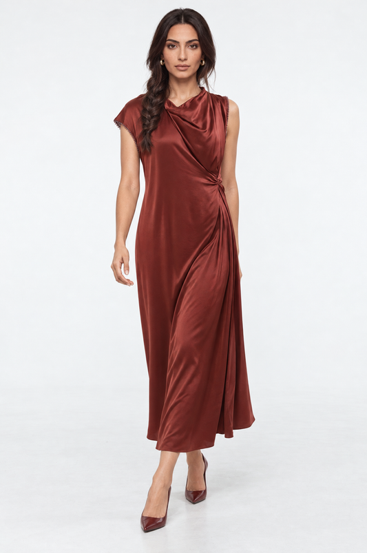 Asymmetric Draped Cowl Neck Maxi Dress