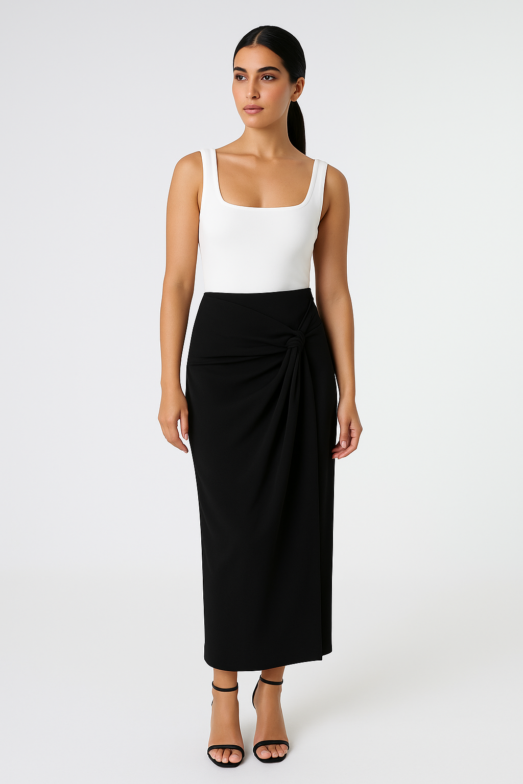 Draped Knot Midi Skirt
