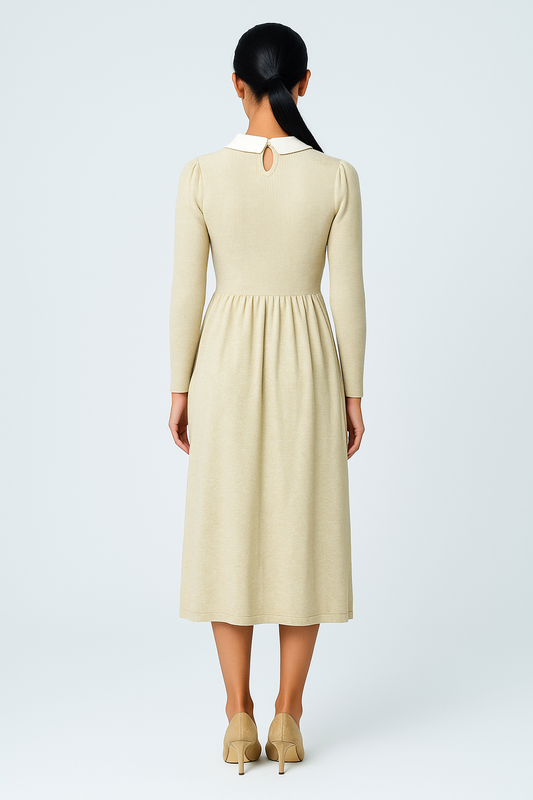 Elegant Contrast-Collar Midi Dress