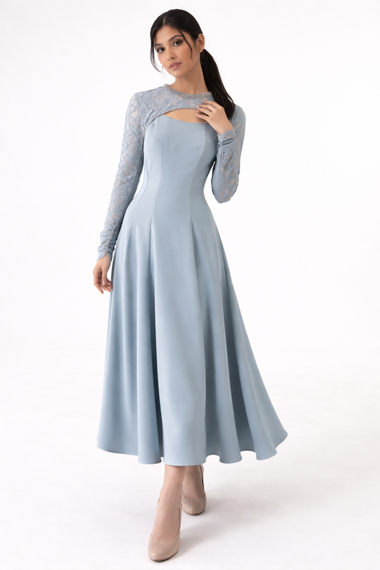 Embellished Lace-Sleeve Maxi Dress