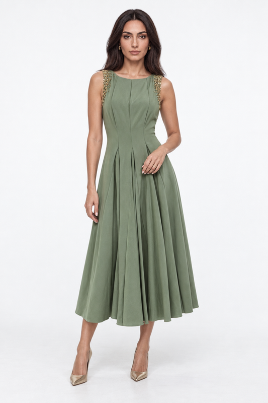 Embellished Shoulder Fit & Flare Midi Dress