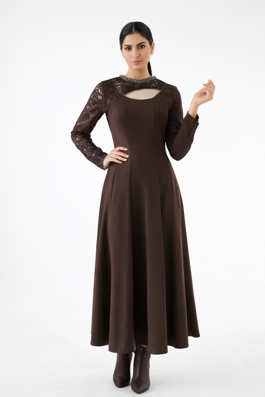 Embellished Lace-Sleeve Maxi Dress