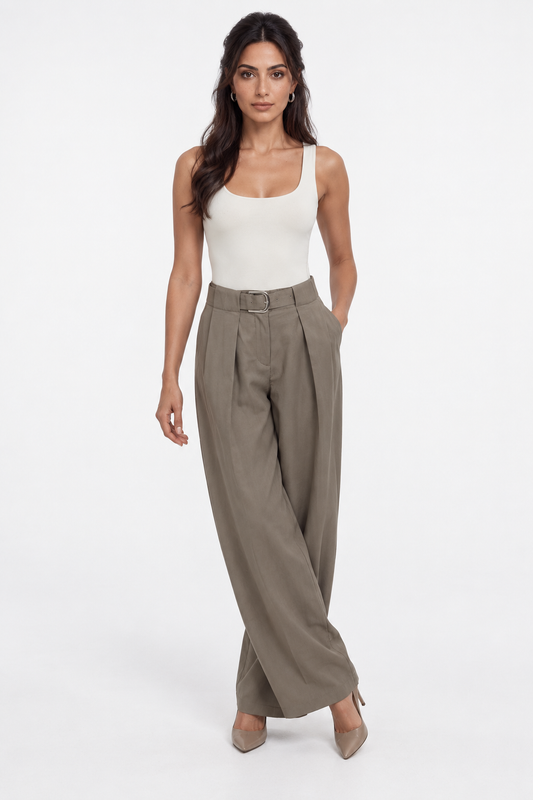 Pleated Wide-Leg Pants with Self-Fabric Belt