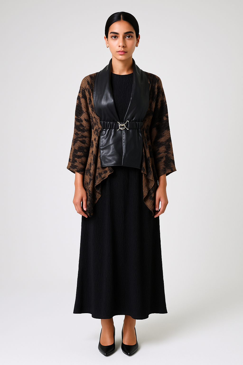 كيمونو مطبوع بياقة جلد صناعي