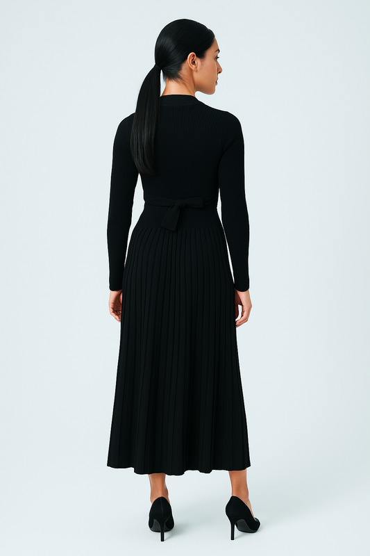 فستان نسائي بفتحة رقبة V وتنورة بليسيه من قماش يشبه الكشمير