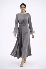Pleated Waist Maxi Dress with Feather-Trimmed Cuffs