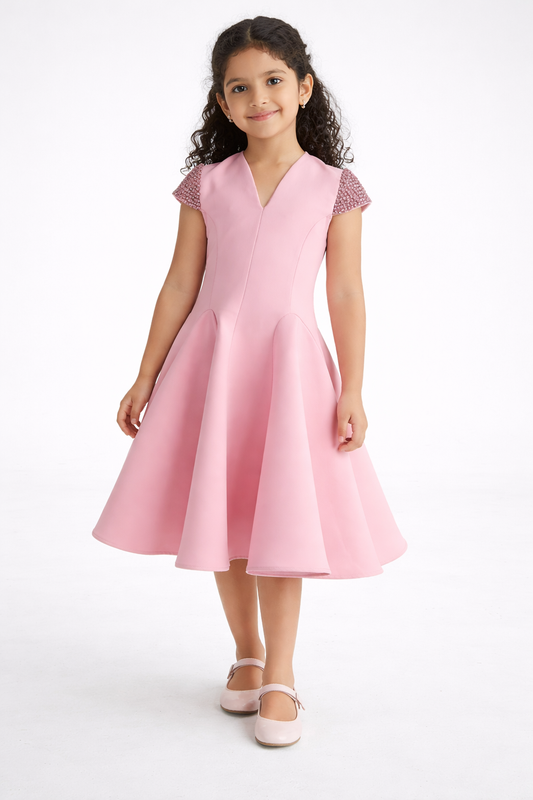 Elegant Girls Flared Dress with Embellished Cap Sleeves