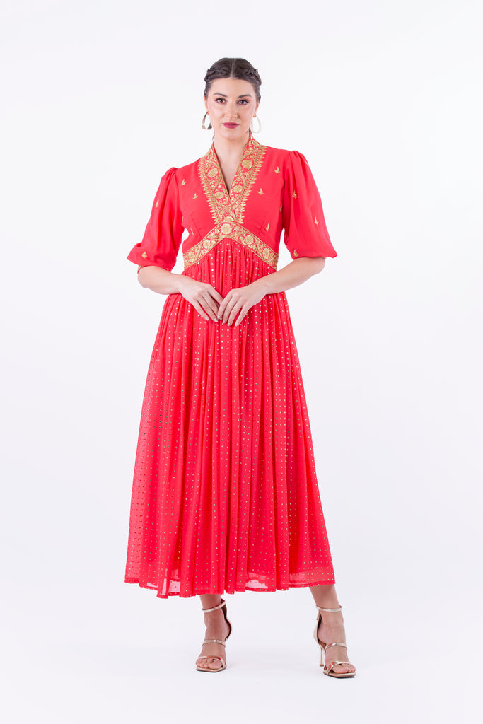 Regal Embroidered Maxi Dress with Metallic Accents – Montania Shop