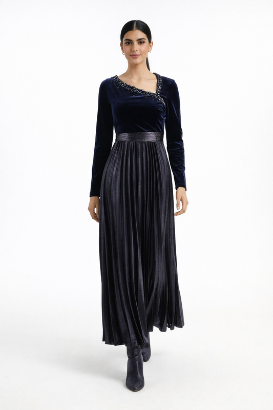 Two-Fabric Maxi Dress with Velvet Bodice and Pleated Skirt