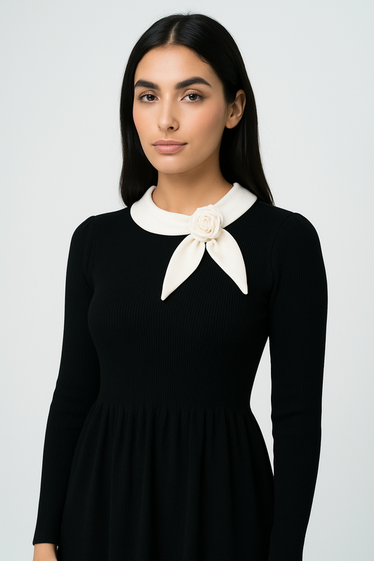 Elegant Contrast-Collar Midi Dress