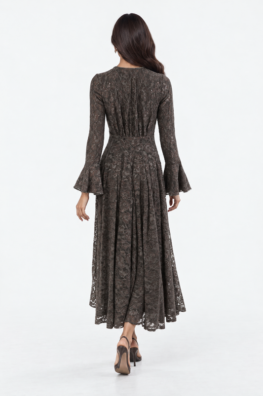 Crystal-Embellished Neckline Floral Lace Fit & Flare Maxi Dress